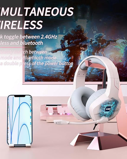 BINNUNE 2.4GHz Wireless Gaming Headset, Bluetooth 5.3 Gaming Headphones with Noise Canceling Mic, 120H Ultra-Long Battery, 50mm Drivers, Multi-Platform for PC / PS5 /PS4/ Switch/Mobile, Pink