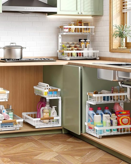 Kitstorack Under Sink Organizer, 2 Packs 2 Tier Under Sink Organizers and Storage, Slide out Pull out Cabinet Organizer Shelf, Metal Sliding Drawer for Kitchen Bathroom Pantry Closet Rack(White)