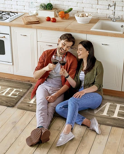 KIMODE Anti Fatigue Mats for Kitchen Floor,Farmhouse Rugs Sets of 2,Cushioned Carpet Non Slip for Laundry,Memory Foam Runner for Sink Office,Khaki 20"x47"+20"x32"
