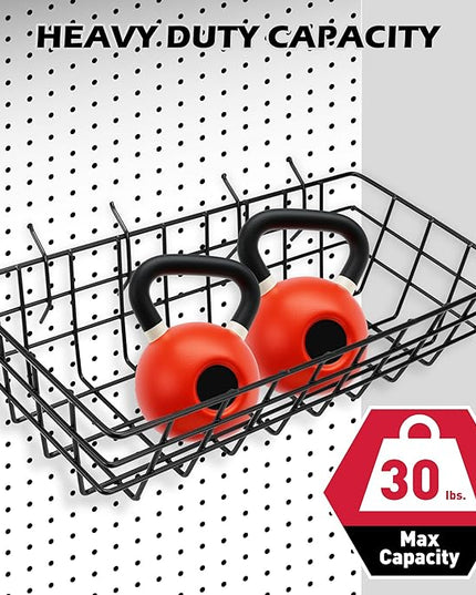 5-Piece Pegboard Baskets Set - Heavy Duty Peg Board Organizer Accessories Bin Set, Premium Black Metal Wire Baskets Tool Shelves, Wall Mount Storage for Garage Workshop Craft Room