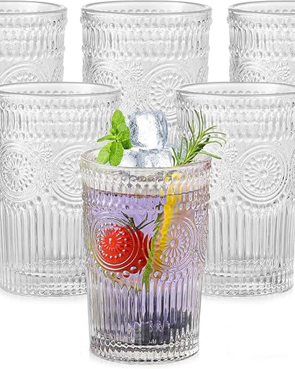 Vintage Glassware Drinking Glasses Set of 6,13 oz Clear Textured Flower Design Glass Water Tumblers，Embossed Striped Drinkware for Water,Cocktails,Juice,Iced Coffee