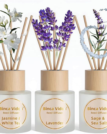 Reed Diffuser Set of 3, Binca Vidou Lavender, Jasmine & White Tea, Sage & Sea Salt Natural Scent Oil Diffusers with Sticks for Home Office Bathroom Aromatherapy Decor 1.69oz x 3