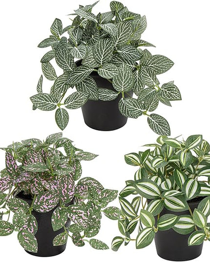 Hollyone Fake Plants 3 Packs Artificial Plants Indoor Faux Plants with Black Plastic Pot Small Fake Potted Plant for Home Aesthetic Living Room Bathroom Desk Shelf Office Decor