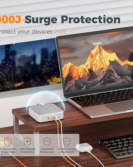 TESSAN Surge Protector Power Strip with 3 USB (2 USB C) 4 Outlets, Flat Plug Extension Cord 5 Ft, 900J Surge Protection, Multiple Charging Station with Power Switch for Home, Office, Dorm Room, Gray