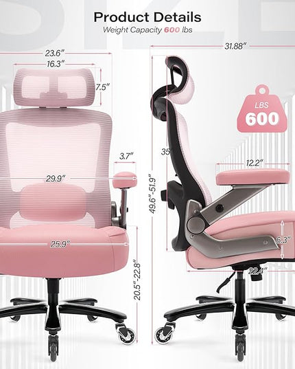 Big and Tall Office Chair 600lbs with 3D Flip Arms, Heavy Duty Large Executive Computer Desk Chair Ergonomic Mesh High Back Plus Size Chair for Adults