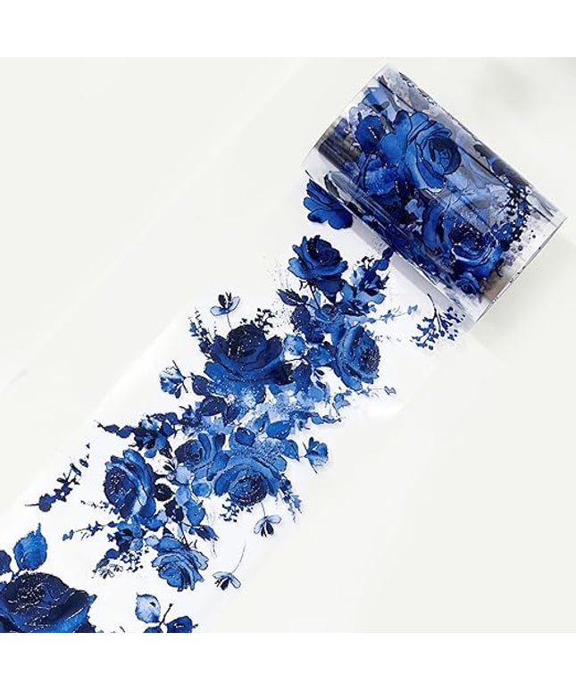 WT Cobalt Blue Wide PET Tape, Single Roll, Original Designs, Floral Decors, Transparent Clear Adhesive, Junk Journal Scrapbook Bujo Planner DIY Craft Supplies Gifts, Watercolor Flower