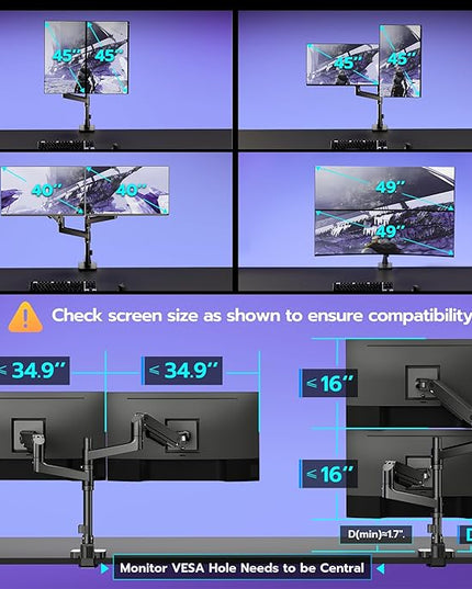 ARES WING Dual Monitor Arm Desk Mount for 17-49 Inch Ultrawide Monitors, Heavy Duty Dual Monitor Mount Holds 44 lbs, Full Motion Gas Spring Vertical Stacked Monitor Mount, 75/100 VESA Mount, Black