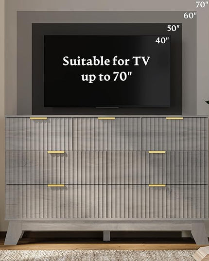 HUANLEGO Fluted Dresser for Bedroom with 7 Drawer, Mid Century Modern Chest of Drawers, 48" Wide Natural Wood Dresser for Closet, Wooden Boho Chest Closet Storage TV Stand for Bedroom, Grey