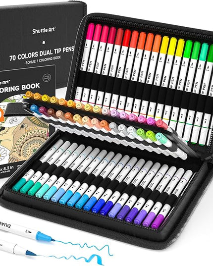 Shuttle Art Dual Tip Brush Pens, 70 Colors, Fine and Brush Dual Tip Markers Set, Portable Storage Case, Ideal for Calligraphy, Coloring, Doodling, Writing