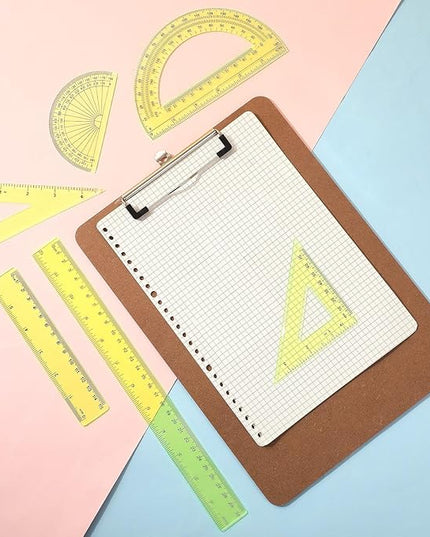 Tenare 1 Set Plastic Clear Math Set Includes Protractor Triangle Rulers 12 Inch 6 Inch Straight Geometry Math Transparent Ruler Measuring Tool for School Office Home Supplies(Yellow)