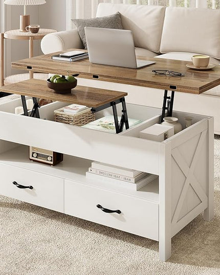 Marsail 40" Lift Top Coffee Table, 4 in 1 Coffee Table with Hidden Compartment, 1 Open Shelf and 2 Drawers, Multifunctional Farmhouse Center Table for Living Room and Home Office, Brown and White