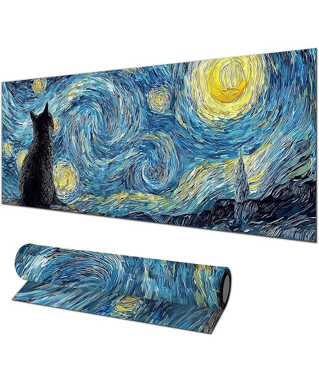 Black Cat XL Mouse Pad 31.5 x 11.8 Inch Gaming Mousepad Diatomite Large Keyboard Mouse Pad for Home and Office Desk Accessories with Night Sky Swirl Cat Silhouette Artwork