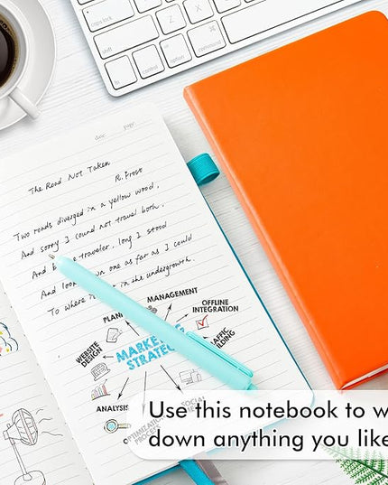 feela Hardcover Notebook For Work, Classic Ruled Lined Journal Set School Business Supplies, with 3 Black Pens, 120 GSM, 5.1”x8.3”, 3 Pack, A5, Solid Colors, Yellow, Orange, Emerald
