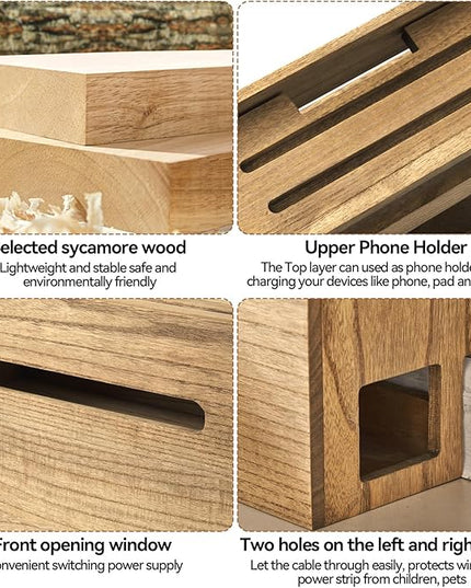 KIRIGEN WiFi Router Storage Box, Wooden Wireless Router Organizer Rack Shelf Power Cord Socket Storage Shelf Cable Management and Organizing Box for Office and Home Dark Brown LYQ-DBR
