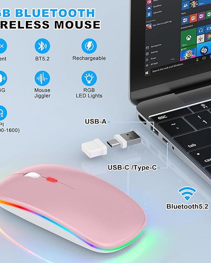LED Bluetooth Wireless Mouse for MacBook Air Mac Pro Laptop iPad –Rechargeable Silent Light-Up Optical Mouse with Jiggler Dual Mode BT5.2 & USB-A/USB-C for Students, Kids, Girls, Boys – Rose Gold