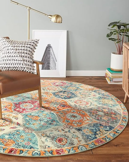 Lahome Moroccan Trellis Washable Round Area Rug, Soft Round Rugs 6ft Ultra-Thin Non-Slip, Vintage Large Circle Carpet for Bedroom Living Room Kitchen Nursery, Cream/Multi