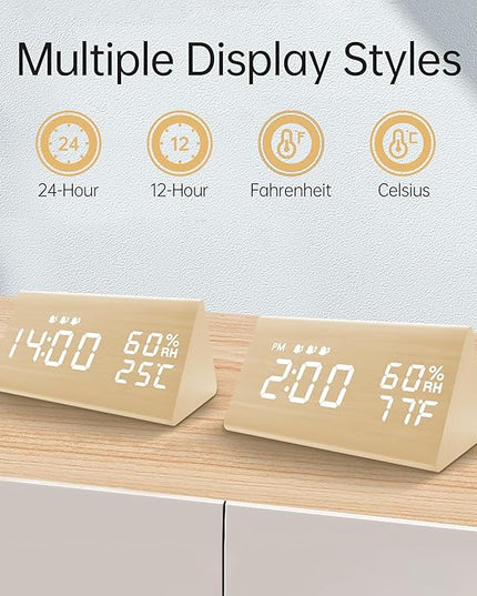 JALL Digital Alarm Clock, with Wooden Electronic LED Time Display, 3 Alarm Settings, Humidity & Temperature Detect, Wood Made Electric Clocks for Bedroom, Bedside (Yellow)