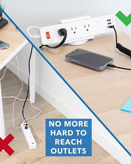Mount-It! Power Strip Holder Clamp Desk Mount with Included Surge Protector | White Desktop Power Outlet with 3 USB Ports and 3 AC Power Outlets | Adjustable Power Strip Clamp Mount