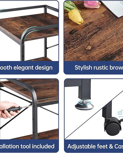 Under Desk Printer Stand, 20 Inches Deep Large Printer Table with Height Adjustable Storage Shelf, 2 Tier Rolling Printer Cart with Wheels for Home Office - Rustic Brown