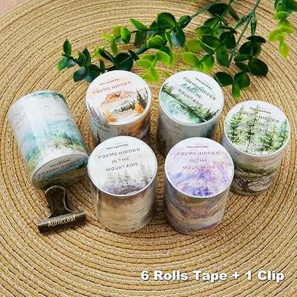 AuriicLeaf Mountain Forest Washi Tape Set, 6 Rolls with Poetic Text and Gold Foil Accents, Includes Clip for Scrapbooking, Journaling, and Planner Supplies