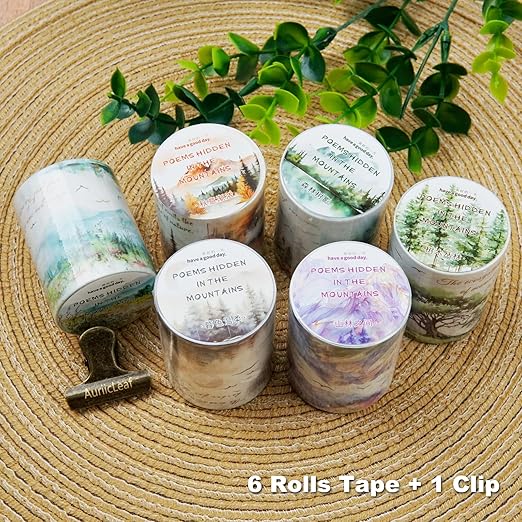 AuriicLeaf Mountain Forest Washi Tape Set, 6 Rolls with Poetic Text and Gold Foil Accents, Includes Clip for Scrapbooking, Journaling, and Planner Supplies