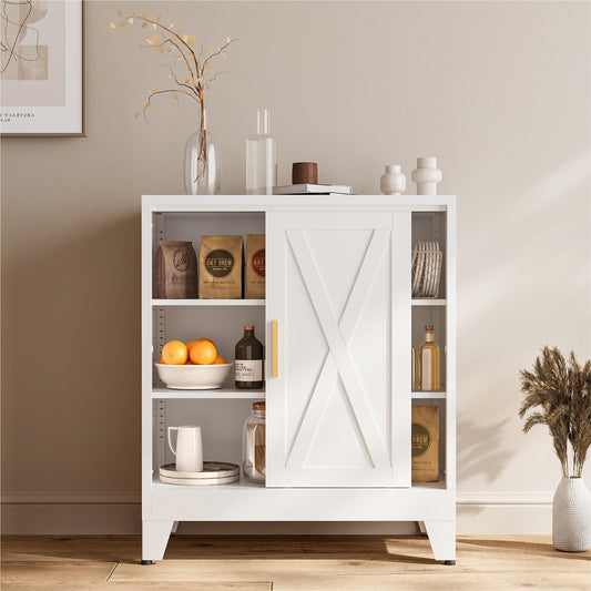 COFaR White 37" H Sliding Door Storage Cabinet, Half Open Half Closed Design, 3-Tier Kitchen Organizer with Adjustable Shelves, 150 lbs Top, Metal Coffee Bar & Buffet Sideboard for Dining Room