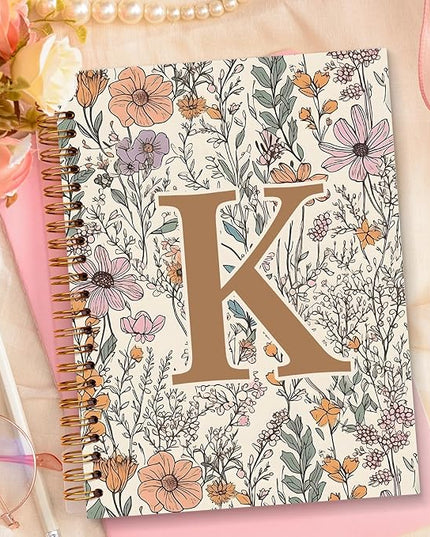 JXREQ Vintage Boho Floral Personalized Notebook, Initial Letter K Notebook Journal, Monogram Notebook, Monogrammed Gifts for Women, Boho Office Supplies, Flower Spiral Notebook 5.5x8.3