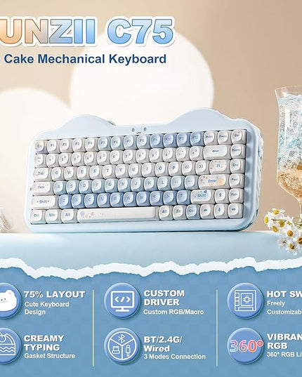 YUNZII C75 Wireless Mechanical Keyboard,75% Layout, Hot-Swappable NKRO,BT5.0/2.4G/USB-C Mode,Dye-Sub PBT MOA Keycaps,RGB Gasket Mount,Cute Cake Design for Mac/Win/Gaming (Blue, Milk V2 Switch)