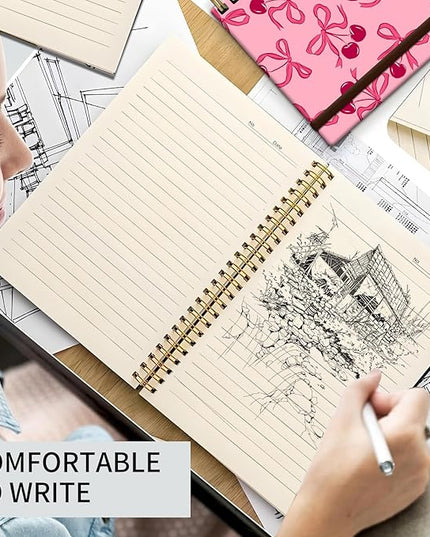 Spiral Journal Notebook, A5 Cute Notebooks for Women Men, College Ruled Hardcover Notebook for Work & Note Taking, 60 Pages Double-Wire Journals for Writing, Cute Cherry
