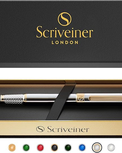 Scriveiner Silver Chrome Fountain Pen - Stunning Luxury Pen, Real Gold Finish Schmidt Gilded Nib (Medium), Best Pen Gift Set for Men & Women, Professional, Executive Office, Nice Pens