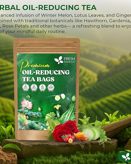 FreshDrinkUS, Oil-Reducing Herbal Tea – 10 Tea Bags | Blend of Winter Melon, Lotus Leaf, Ginger, Hawthorn, Gardenia Fruit, Rose, Cassia Seed & More | Naturally Caffeine-Free | Delicious Hot or Iced