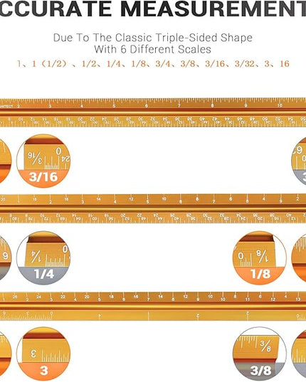 12" Architectural Scale Ruler Aluminum Architect Scale Triangular Scale Ruler for Architects, Draftsman, Students and Engineers, Golden