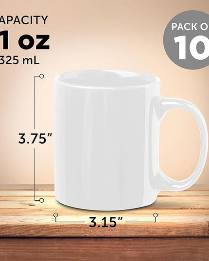 DISCOUNT PROMOS Ceramic Coffee Mugs 11 oz. Set of 10, Bulk Pack - Coffee cup set, Iced coffee cup, Gaming mug - White