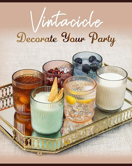 Drinking Glasses, Colored Highball Glasses Set of 6, Ribbed Glassware Glass Cups, Water Glasses for Juice, Iced Coffee Cups, Cocktail Glasses - Christmas Gifts - 8.5 oz