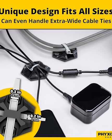 Rugged, Stylish Adhesive XL Zip Tie Mounts 100 Pack. Premium 1.5in Sticky Back Ziptie, Cord, and Cable Management Anchor Clips. Easy Peel and Stick Mounting Bases With Hanging Organizer Box Dispenser