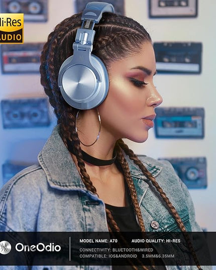 OneOdio A70 Bluetooth Over Ear Headphones, Wireless Headphones w/ 72H Playtime, Hi-Res, 3.5mm/6.35mm Wired Audio Jack for Studio Monitor & Mixing DJ Guitar AMP, Computer Laptop PC Tablet - Sky Blue