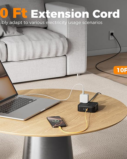 TESSAN 10 Ft Flat Plug Extension Cord with Multiple Outlets, Surge Protector Power Strip with 3 USB(1 USB C) 8 Outlets, 900J Protection, Desk Charging Station for Home, Office, Dorm Room, Black