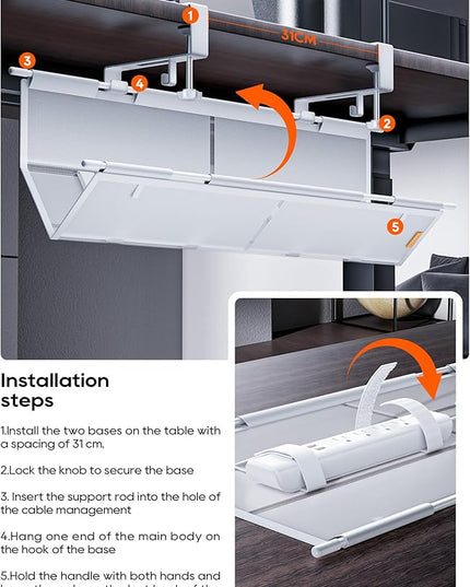 Under Desk Cable Management Tray No Drill, Cable Ties Included, Eco-Friendly Canvas Material, Mesh Design for Heat Dissipation, Cable Organizer/Storage for Standing Desk(27inch, White)