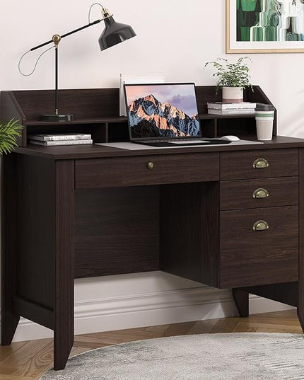 4 EVER WINNER Small Desk with Drawers, Office Desk with File Drawer and Monitor Stand, Writing Desk Study Table for Small Spaces, Espresso