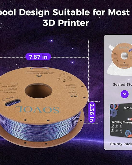 Sovol Silk PLA Filament with Blue Glitter 1kg 1.75mm, Color Changeable 3D Printer Filament 2.2lbs, Chameleon Shiny PLA Material +/-0.03mm, Shimmering 3D Printing Filament, Nebula Purple