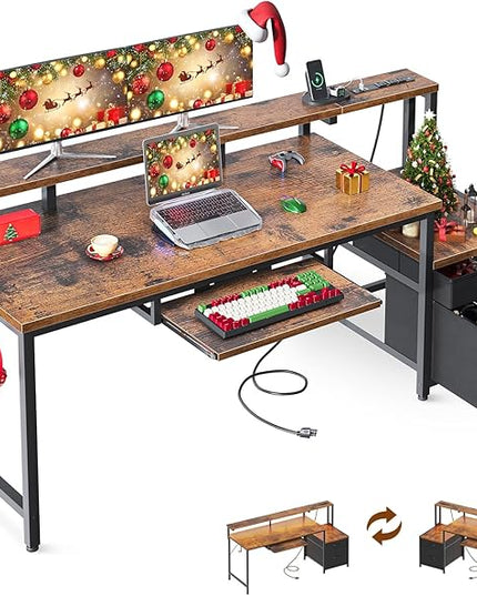 AODK Computer Desk with Drawers and Keyboard Tray, 63" Office Desk with Power Outlet, Reversible Study Work Desk with Printer Shelf and PC Stand for Home Office, Vintage
