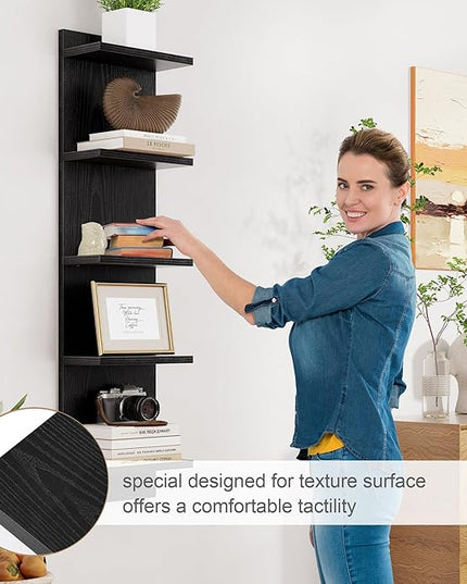 Fun Memories 5-Tier Wall Shelf Unit, 48" Tall Floating Storage Organizer for Bedroom, Living Room, and Home Decor, Black Vertical Shelving Unit