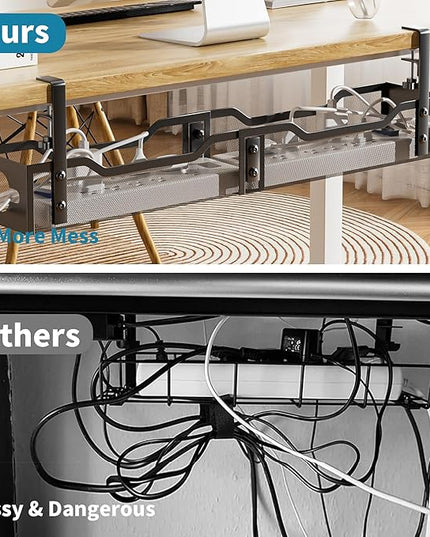 Under Desk Cable Management Tray Black, Litwaro Cable Management Under Desk No Drill, 25'' Cable Tray with Clamp for Wire Management, Cord Organizer for Office, Home - No Damage to Table