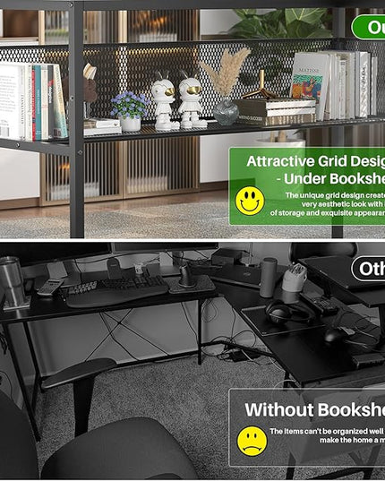 Unikito L Shaped Desk with LED Light and Power Outlet, Reversible Corner Computer Table with Monitor Stand and Storage Shelf, Modern L- Shaped Gaming Desk, Ergonomic Home Office Desk, Rustic Brown