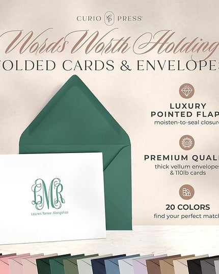 Curio Press Personalized Stationery for Women & Men-Folded Thank You Cards with Custom Notecards, Personalized Note Cards with Envelopes, Name & Initials Monogrammed, Custom Stationery -Vine Mono Fold