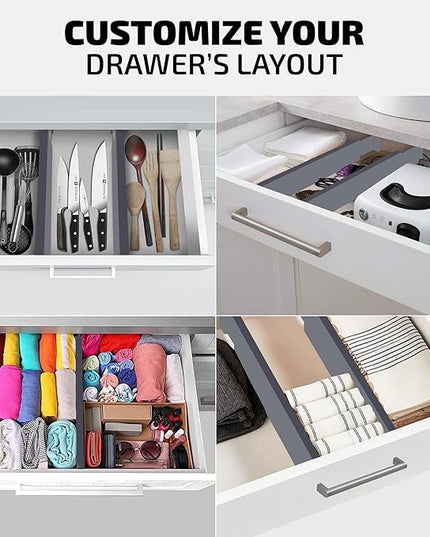 Bambüsi 4 Pack Drawer Dividers - 2.6" High, 16-22" Adjustable Bamboo Drawer Organizers for Clothes, Expandable Dresser Separators in Bedroom/Bathroom/Kitchen/Office Organization and Storage (Grey)