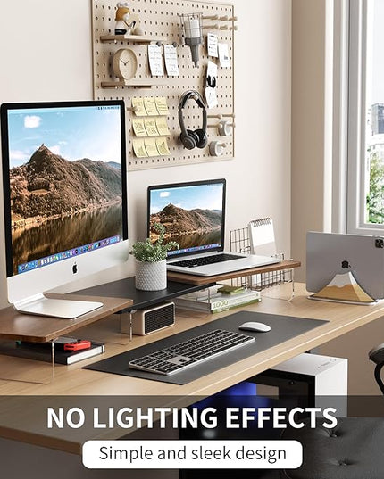 LED Dual Monitor Stand Riser for 2 Monitors,Office Desktop Wooden Stand Adjustable Length and Angle 3 Shelf,Extra Long Multifunctional Stand up to 44.4" for Computer,Laptop,TV,Walnut Finish