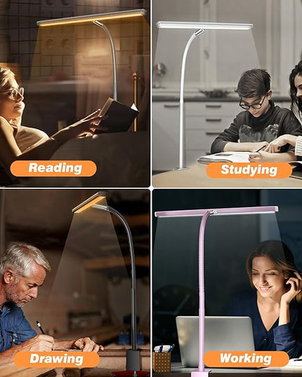 LED Desk Lamp for Office Home, Eye-Caring Desk Light with Stepless Dimming Adjustable Flexible Gooseneck, 10W USB Adapter Desk Lamp with Clamp for Reading, Study, Workbench (Pink)