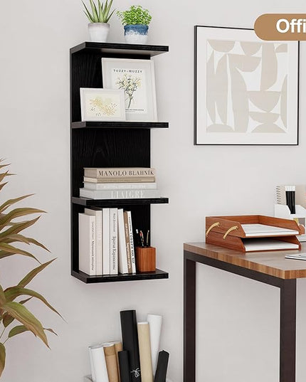 Fun Memories 4 Tier Wall Shelf Unit, Vertical Floating Shelf, Wall Mount Lack Shelving Home Decor Organizer Tall Tower Design Utility Shelving for Bedroom Living Room, Black