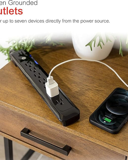 GE 7 Outlet Surge Protector, 4 Ft Power Cord, 1080 Joules, Flat Plug, Power Filter, Circuit Breaker, Warranty, UL Listed, Black, 34460